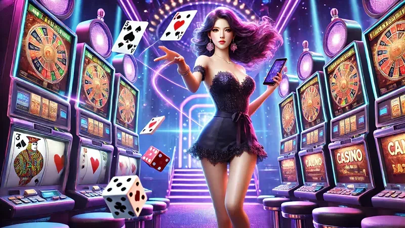Antarmuka permainan slot mobile dengan reel dan tombol navigasi
